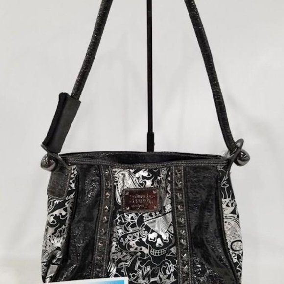 Ed Hardy Black & Silver Patent Leather Shoulder Bag Regualer Medium Size Bag - Picture 2 of 9